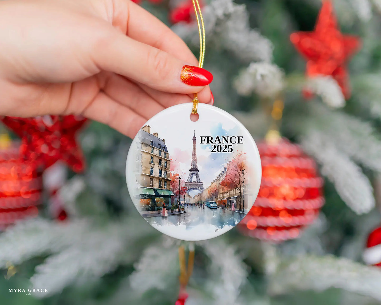 Custom France, Paris in Spring, ceramic photo ornament with personalized message – handmade Christmas bauble, gift souvenir, or vacation keepsake.