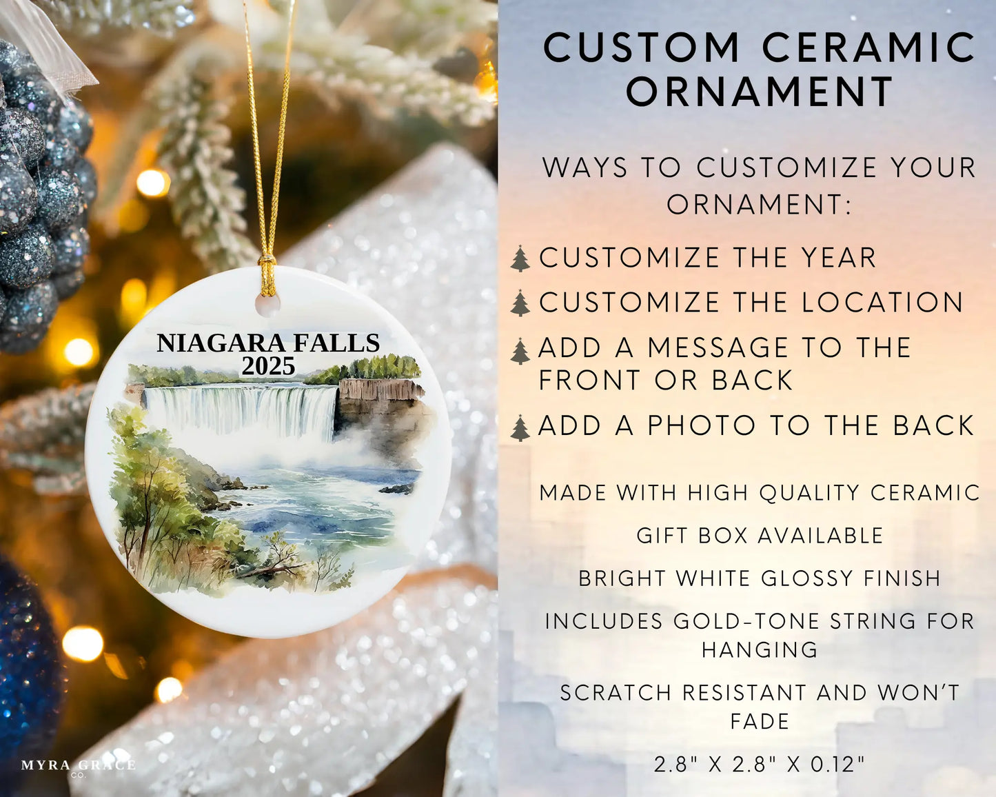 Custom Niagara Falls ceramic photo ornament with personalized message – handmade Christmas bauble, gift souvenir, or vacation keepsake. Infographic