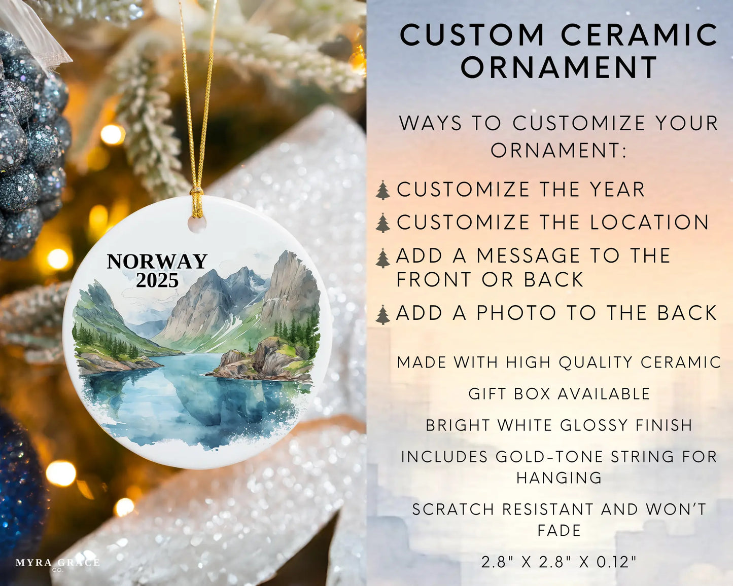 Custom Norway ceramic photo ornament with personalized message – handmade Christmas bauble, gift souvenir, or vacation keepsake. Infographic