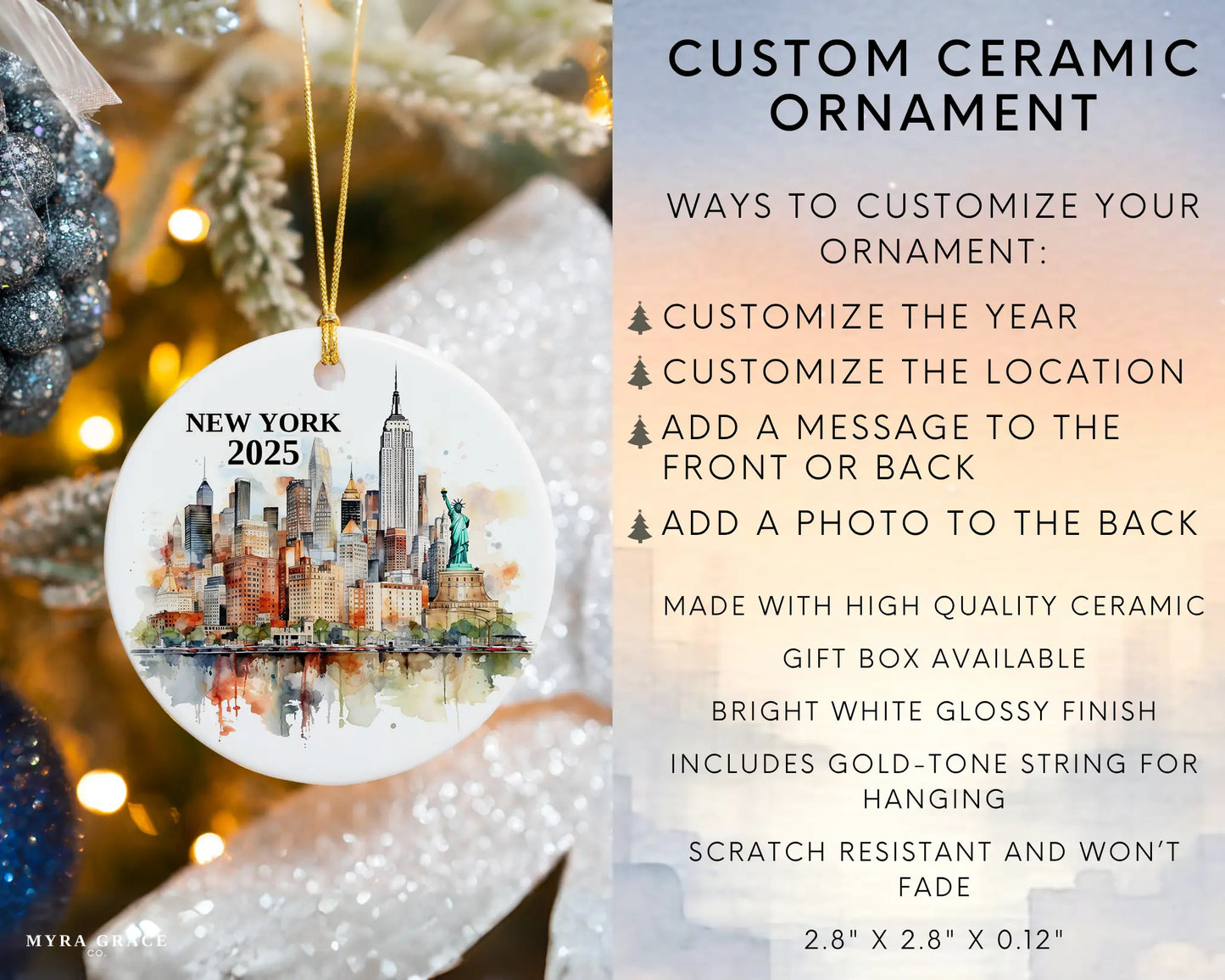 Custom New York NYC ceramic photo ornament with personalized message – handmade Christmas bauble, gift souvenir, or vacation keepsake. Infographic