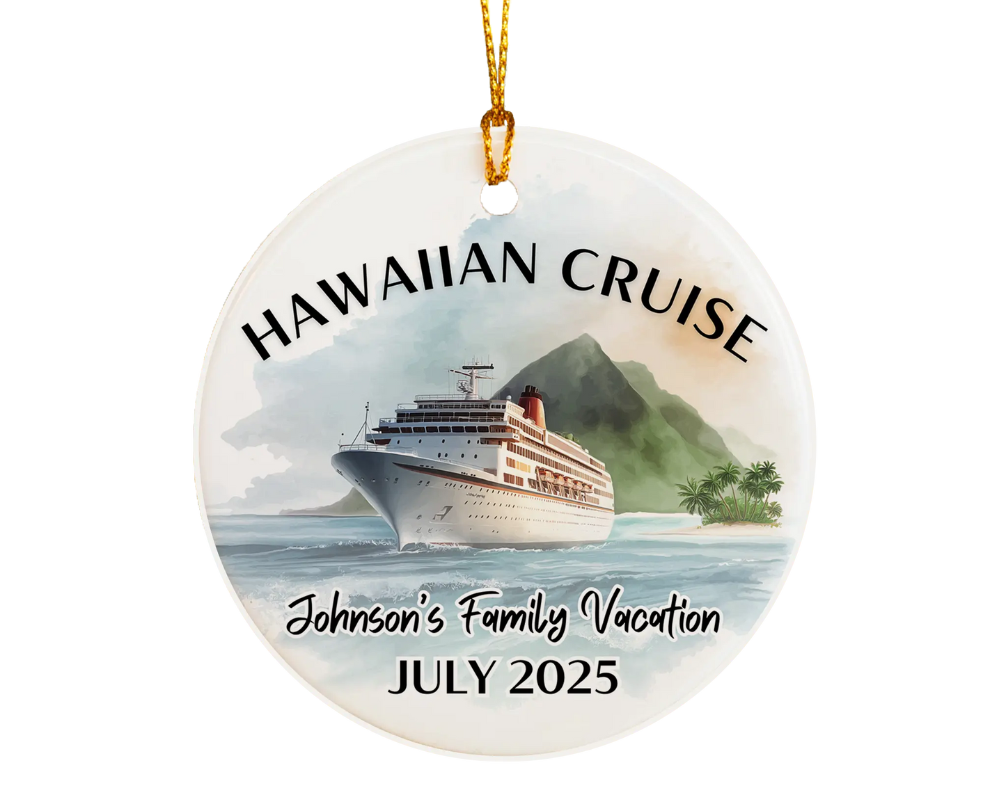 Handmade ceramic Hawaii cruise ornament with personalized location and photo – custom Christmas bauble or cruise vacation souvenir.