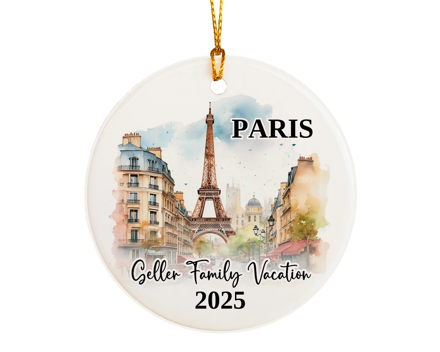 Custom vacation Paris ceramic photo ornament with personalized message – handmade Christmas bauble, gift souvenir, or vacation keepsake.