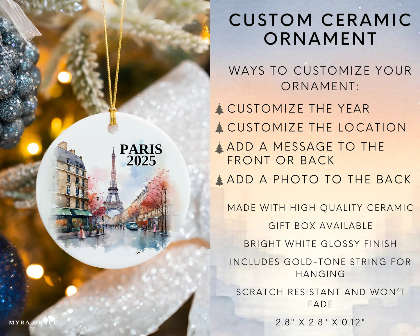 Custom Paris France ceramic photo ornament with personalized message – handmade Christmas bauble, gift souvenir, or vacation keepsake. Infographic
