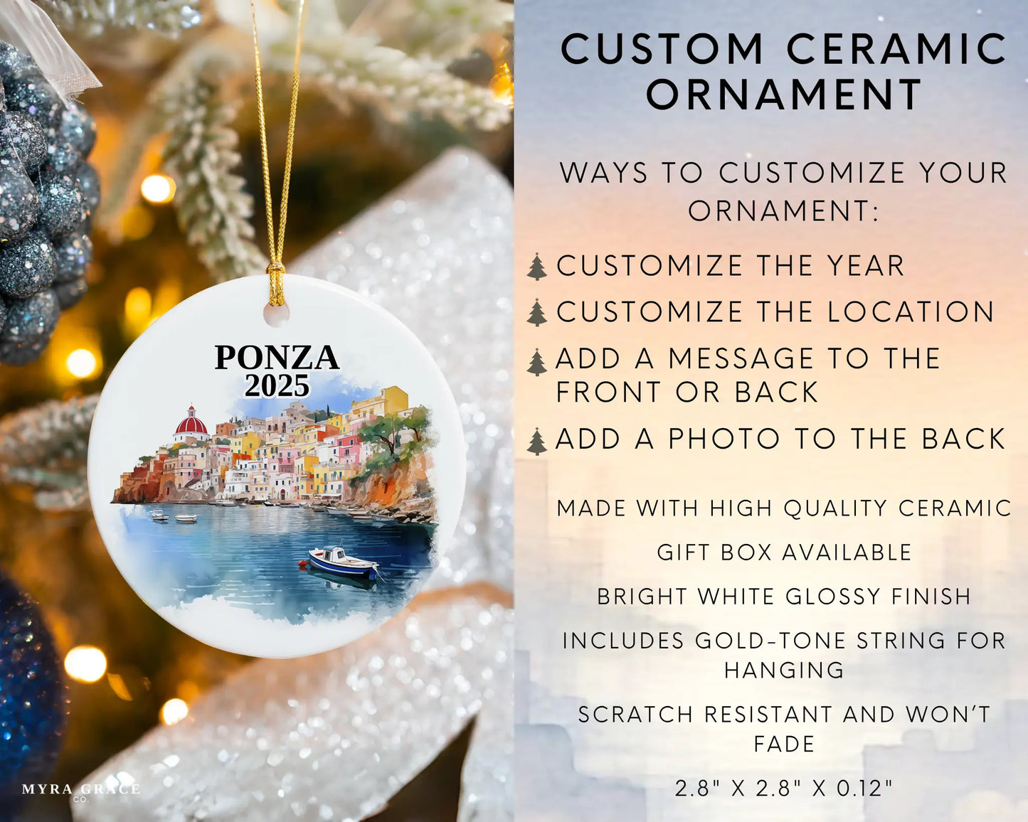 Custom Ponza Italy ceramic photo ornament with personalized message – handmade Christmas bauble, gift souvenir, or vacation keepsake. Infographic