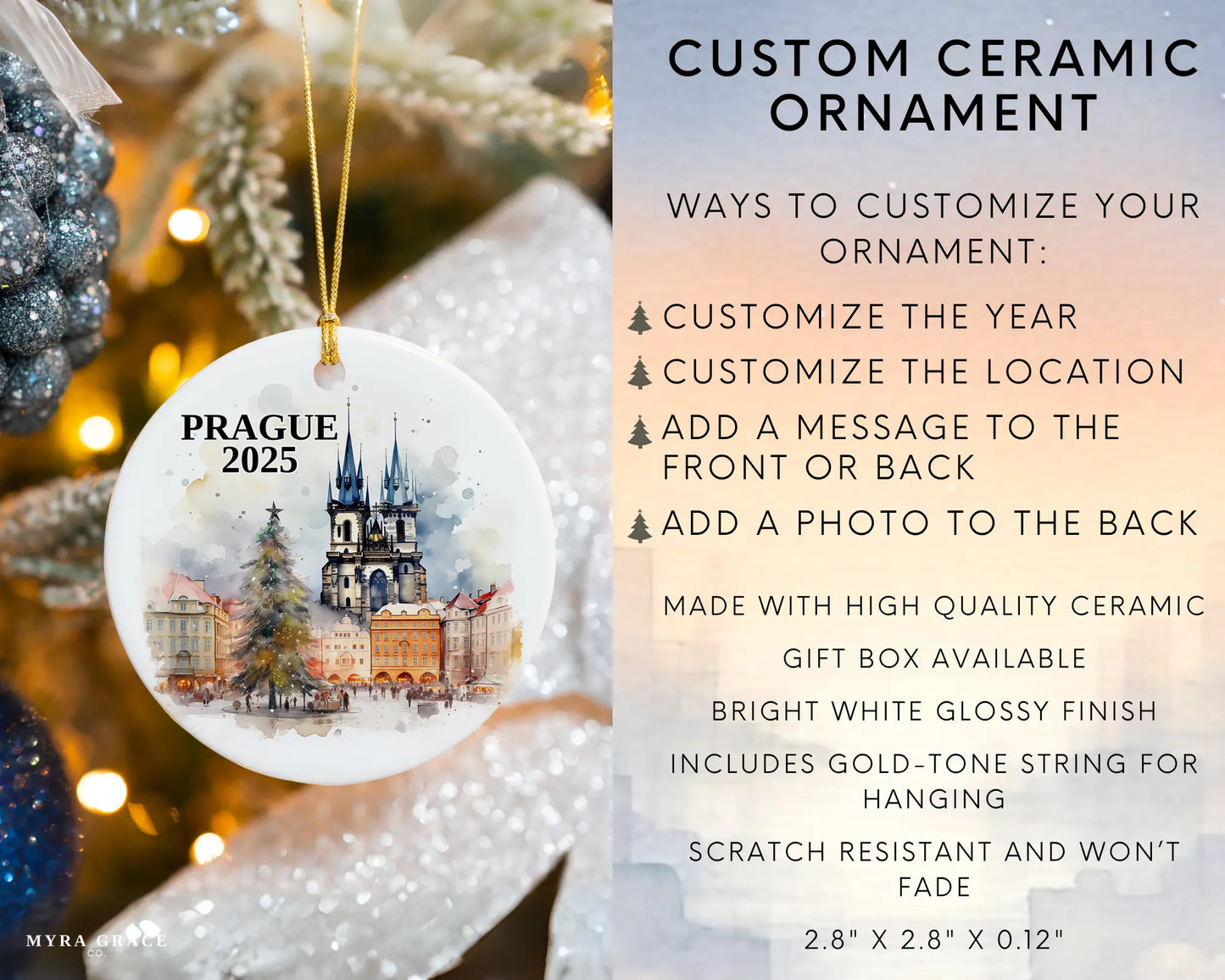 Custom Prague Christmas Market ceramic photo ornament with personalized message – handmade Christmas bauble, gift souvenir, or vacation keepsake. Infographic