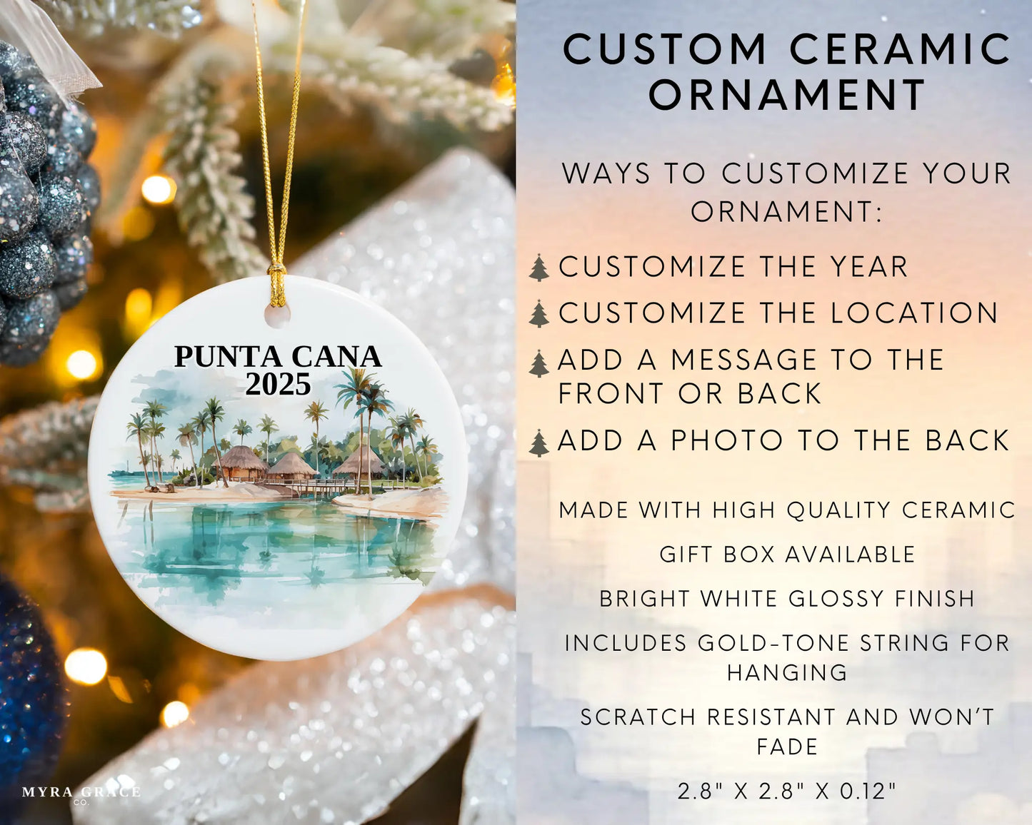 Custom Punta Cana ceramic photo ornament with personalized message – handmade Christmas bauble, gift souvenir, or vacation keepsake.