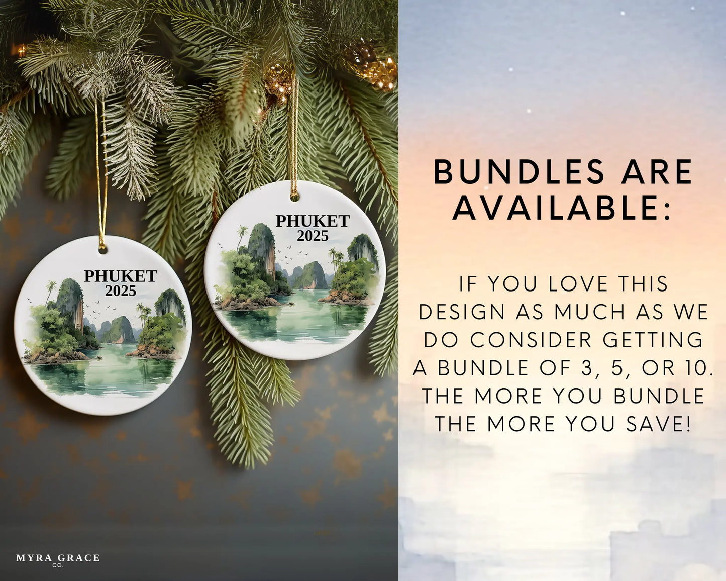 Custom Phuket Thailand ceramic photo ornament with personalized message – handmade Christmas bauble, gift souvenir, or vacation keepsake. Bundles are available