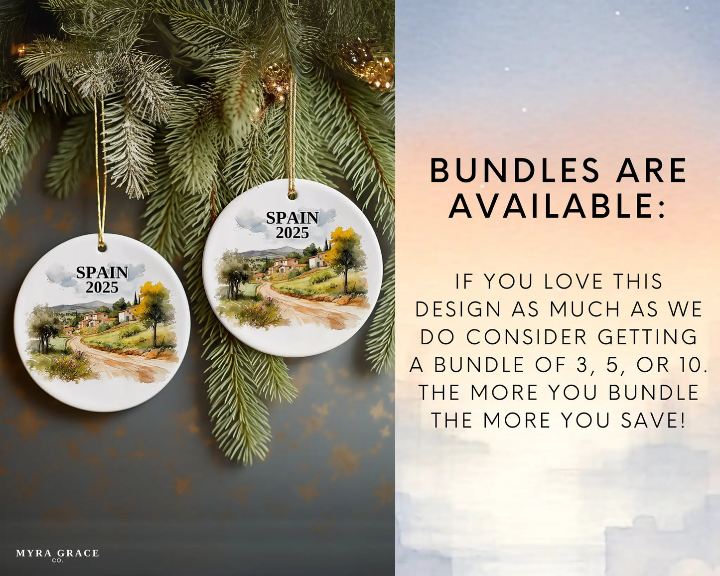 Custom Spain ceramic photo ornament with personalized message – handmade Christmas bauble, gift souvenir, or vacation keepsake. Bundles are available