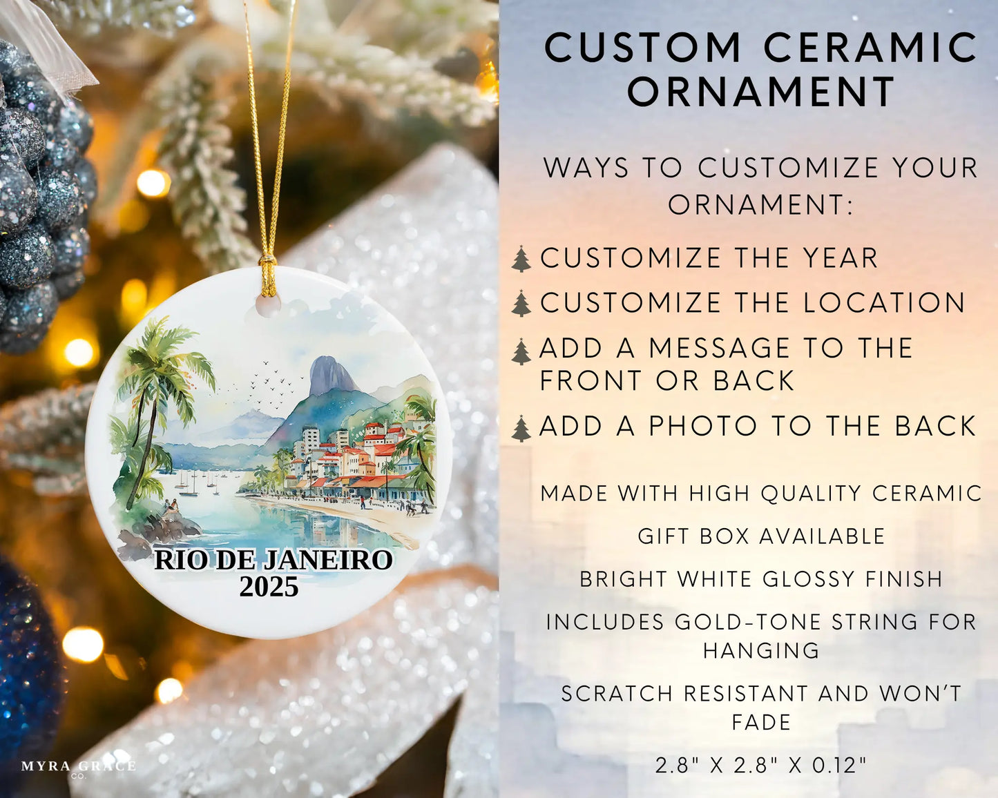 Custom Rio De Janeiro Brazil ceramic photo ornament with personalized message – handmade Christmas bauble, gift souvenir, or vacation keepsake. Infographic