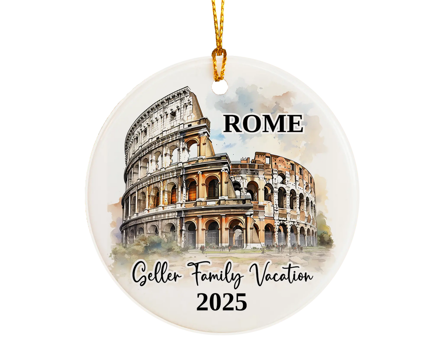 Custom vacation Rome Colosseum ceramic photo ornament with personalized message – handmade Christmas bauble, gift souvenir, or vacation keepsake.