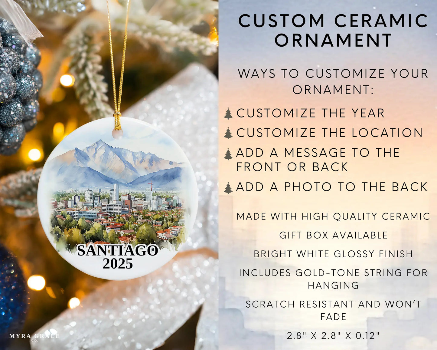 Custom Santiago Chile ceramic photo ornament with personalized message – handmade Christmas bauble, gift souvenir, or vacation keepsake. Infographic