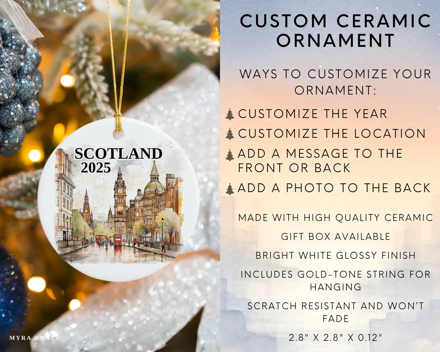 Custom Scotland ceramic photo ornament with personalized message – handmade Christmas bauble, gift souvenir, or vacation keepsake. Infographic