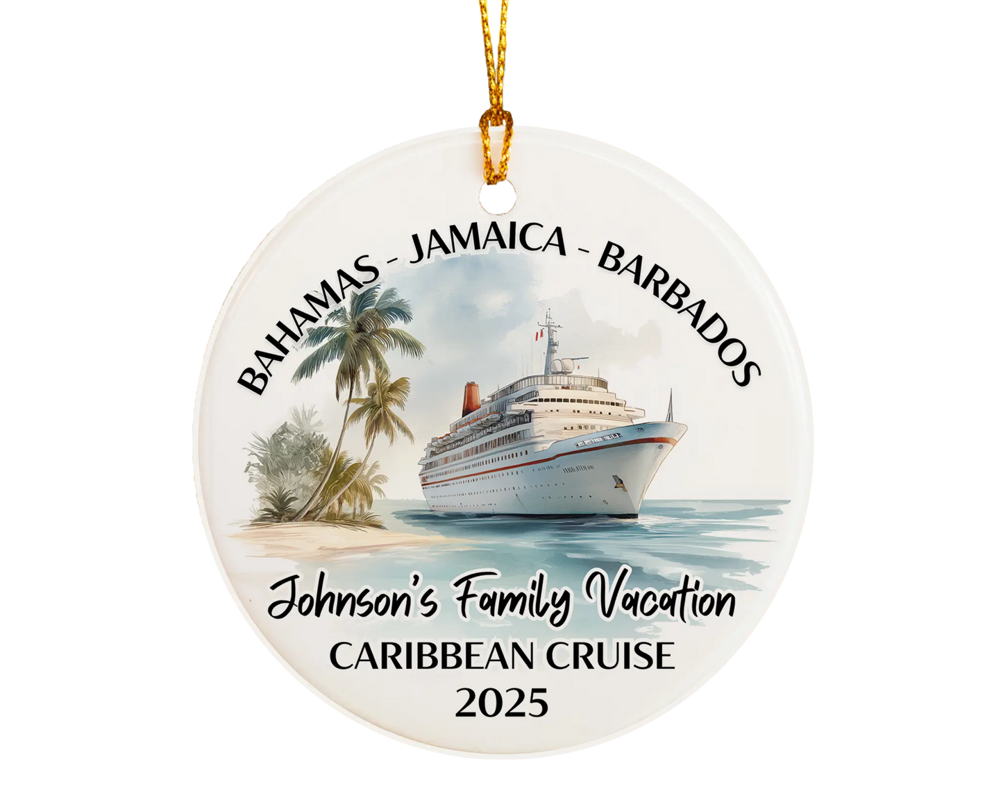 Handmade ceramic Caribbean cruise ornament with personalized location and photo – custom Christmas bauble or cruise vacation souvenir.