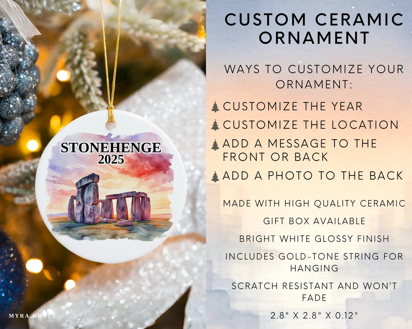 Custom Stonehenge ceramic photo ornament with personalized message – handmade Christmas bauble, gift souvenir, or vacation keepsake. Infographic