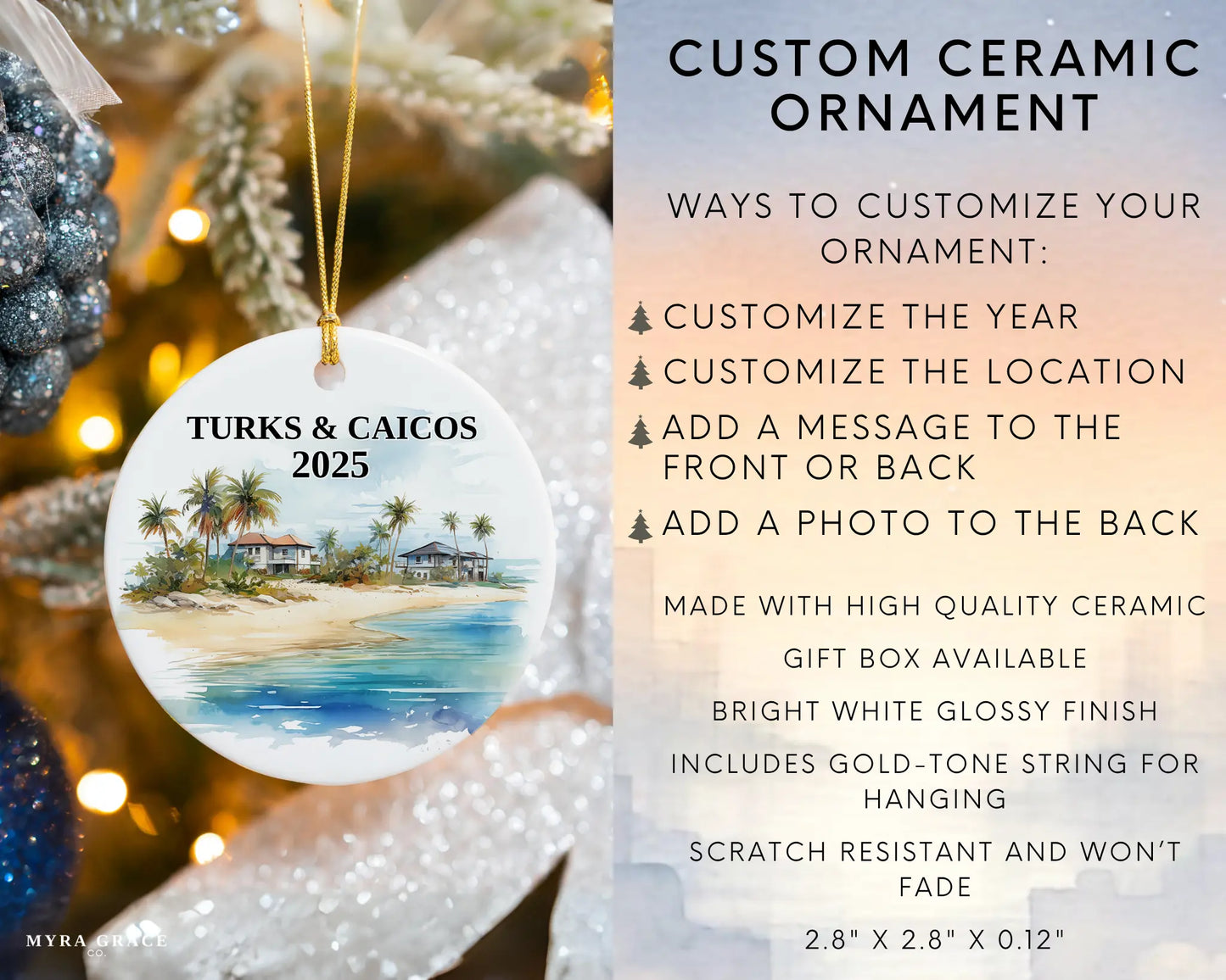 Custom Turks and Caicos ceramic photo ornament with personalized message – handmade Christmas bauble, gift souvenir, or vacation keepsake. Infographic