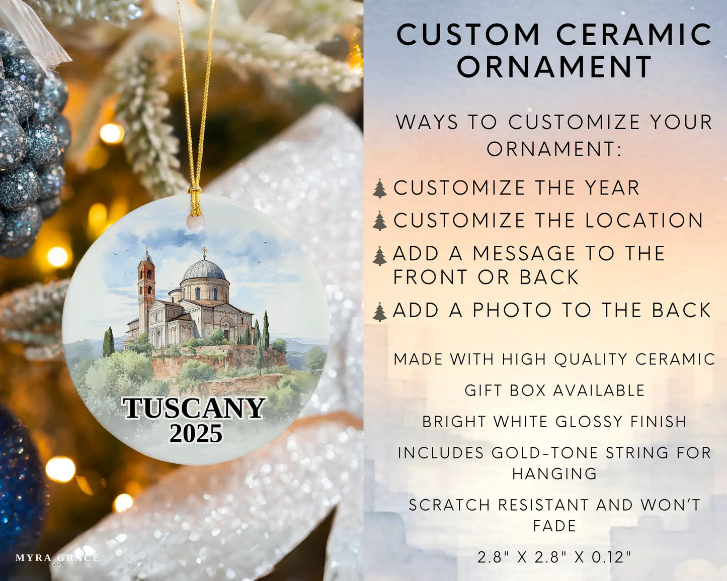 Custom Tuscany Italy ceramic photo ornament with personalized message – handmade Christmas bauble, gift souvenir, or vacation keepsake. Infographic