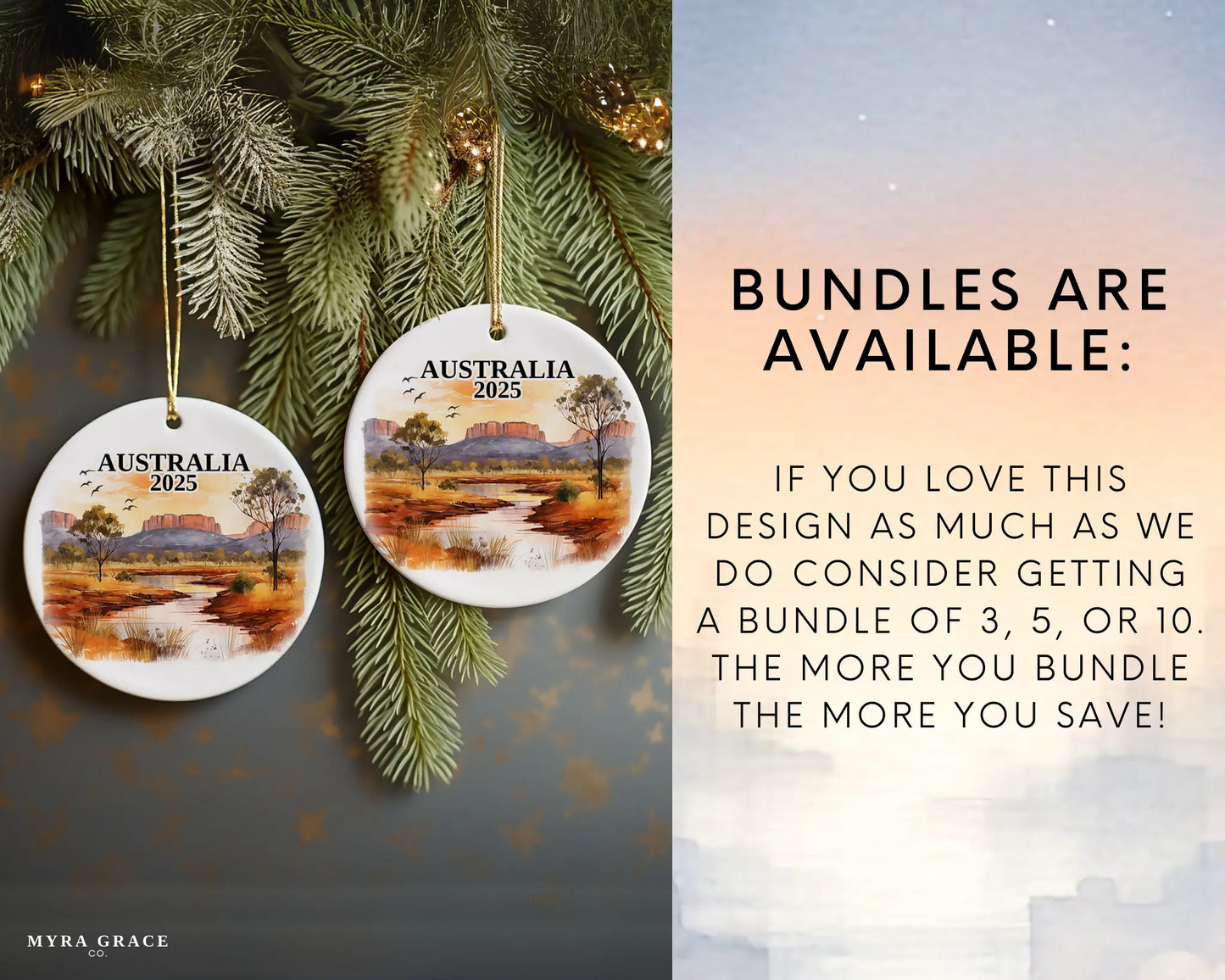 Custom Australia ceramic photo ornament with personalized message – handmade Christmas bauble, gift souvenir, or vacation keepsake. Bundles available
