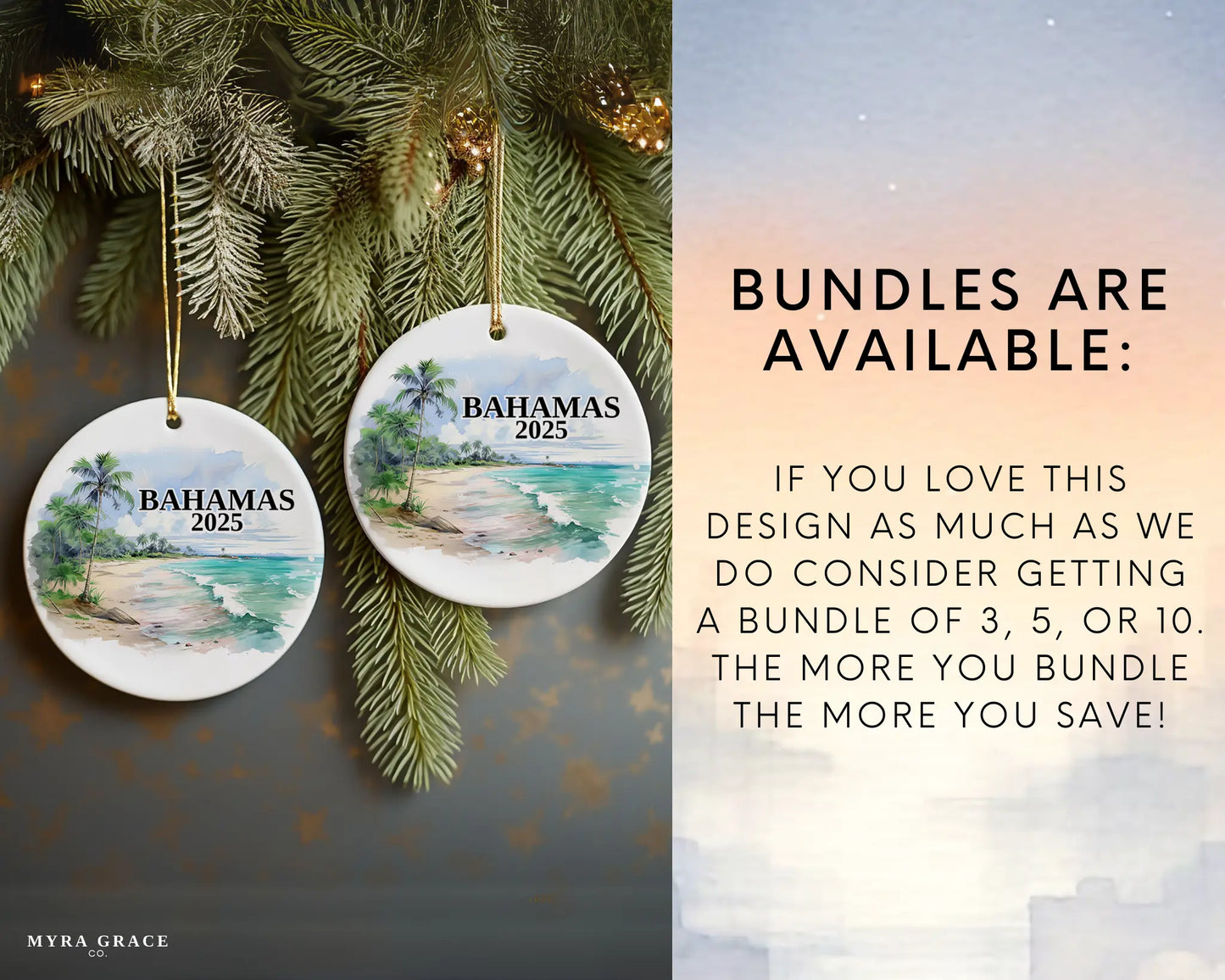 Custom Bahamas ceramic photo ornament with personalized message – handmade Christmas bauble, gift souvenir, or vacation keepsake. Bundle Available
