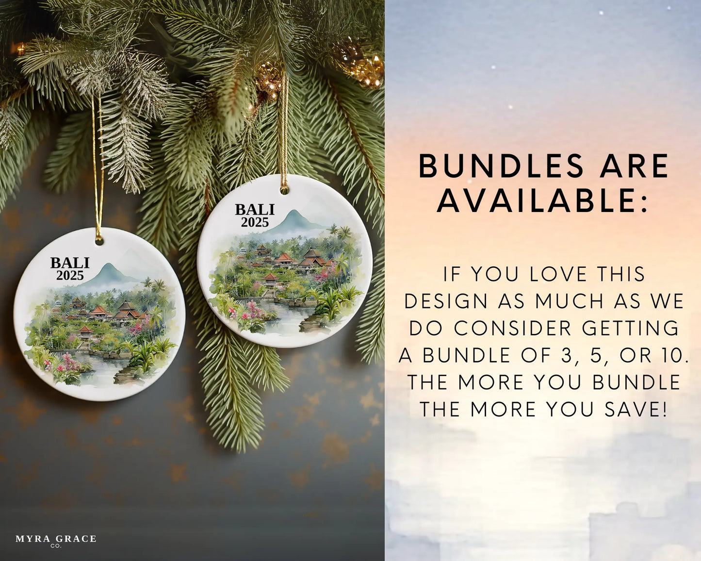 Custom Bali ceramic photo ornament with personalized message – handmade Christmas bauble, gift souvenir, or vacation keepsake. Bundle are available