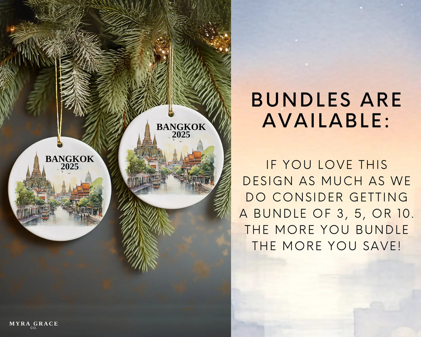 Custom Bangkok, Thailand ceramic photo ornament with personalized message – handmade Christmas bauble, gift souvenir, or vacation keepsake. Bundles available