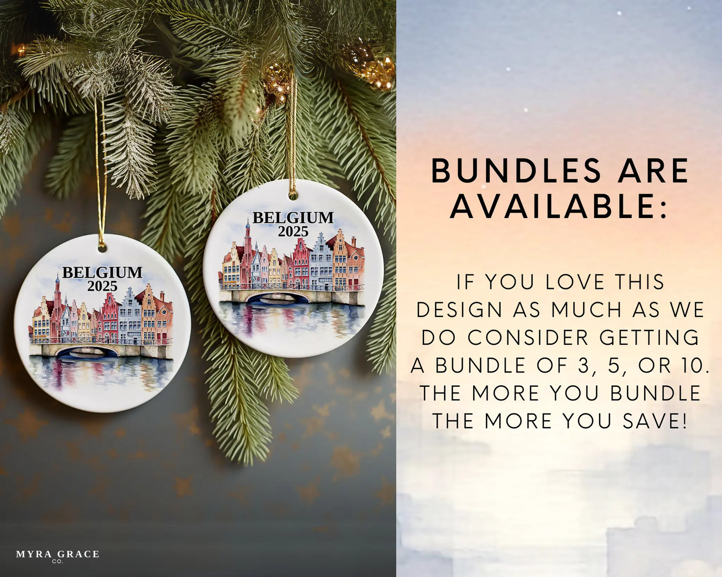 Custom Belgium ceramic photo ornament with personalized message – handmade Christmas bauble, gift souvenir, or vacation keepsake. Bundles available