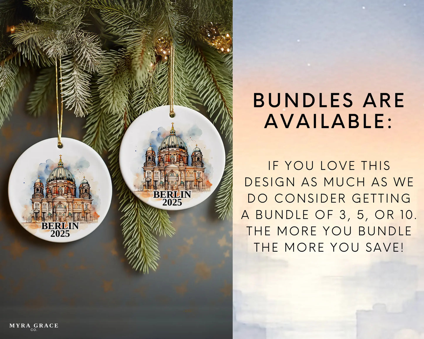 Custom Berlin Germany ceramic photo ornament with personalized message – handmade Christmas bauble, gift souvenir, or vacation keepsake. Bundles available