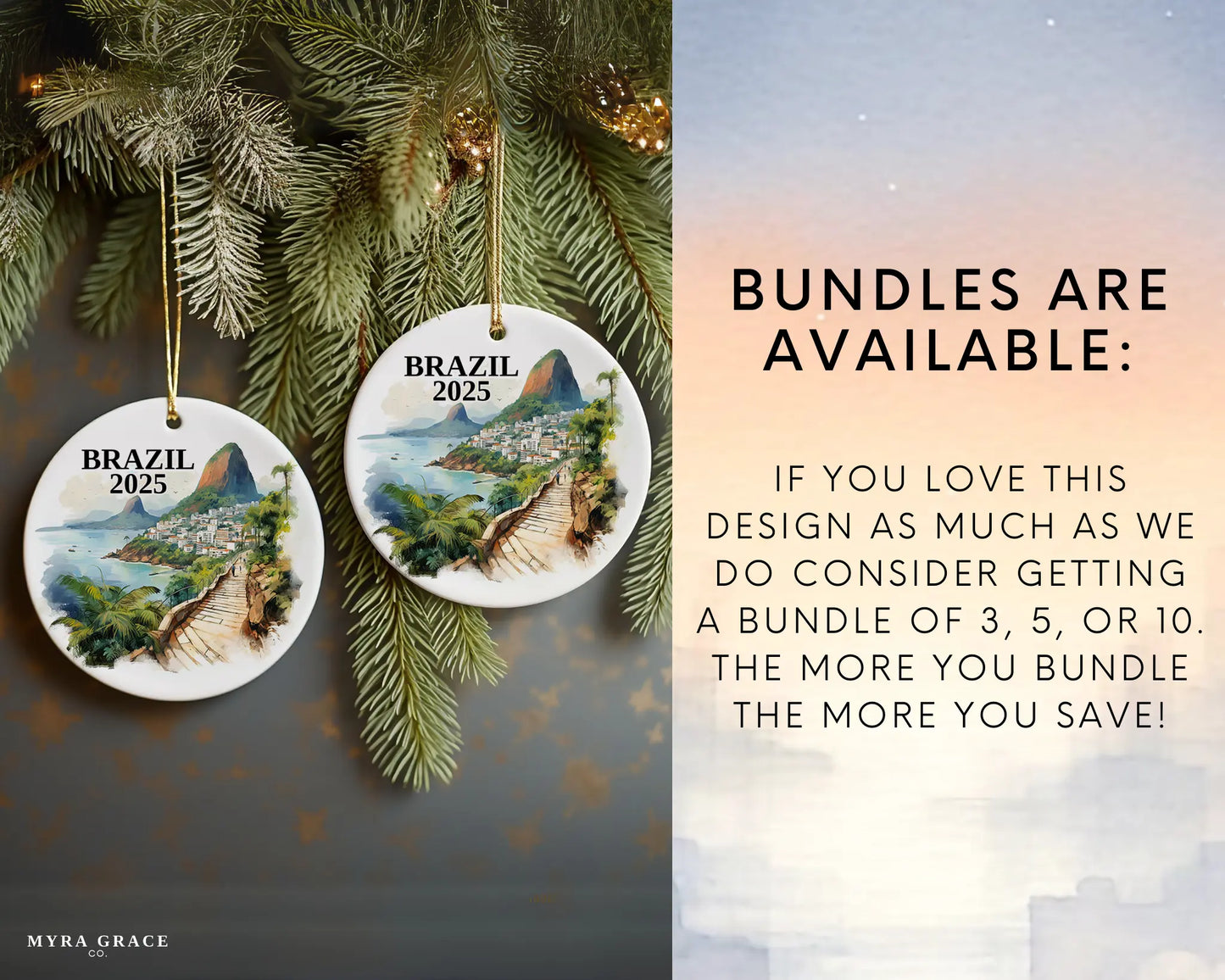 Custom Brazil ceramic photo ornament with personalized message – handmade Christmas bauble, gift souvenir, or vacation keepsake. Bundles available