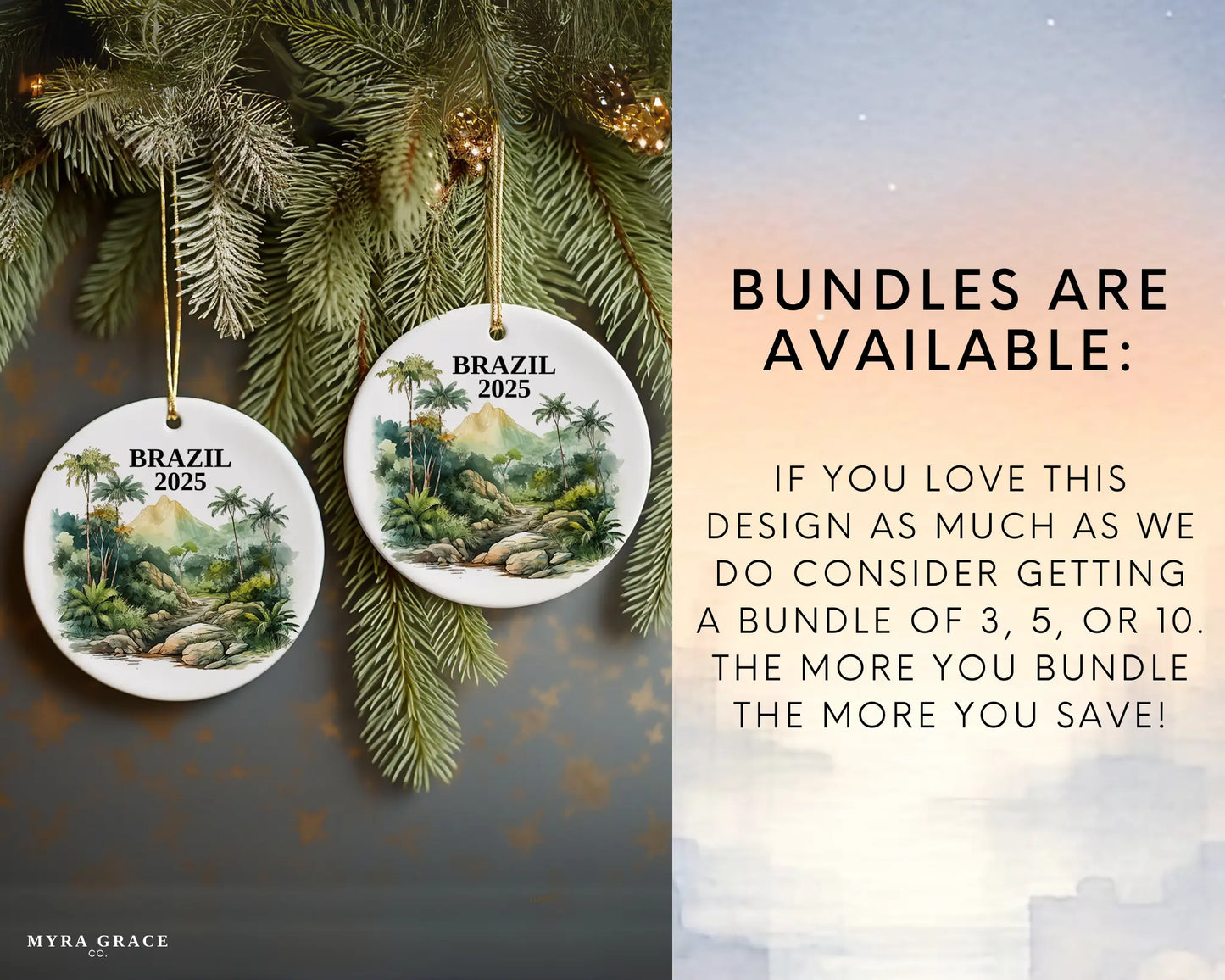 Custom Brazil ceramic photo ornament with personalized message – handmade Christmas bauble, gift souvenir, or vacation keepsake. Bundles available