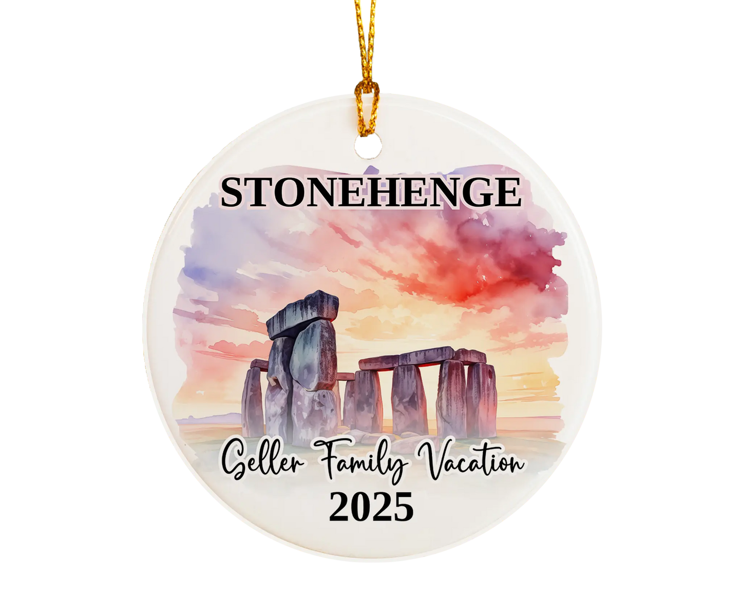 Custom vacation Stonehenge ceramic photo ornament with personalized message – handmade Christmas bauble, gift souvenir, or vacation keepsake.