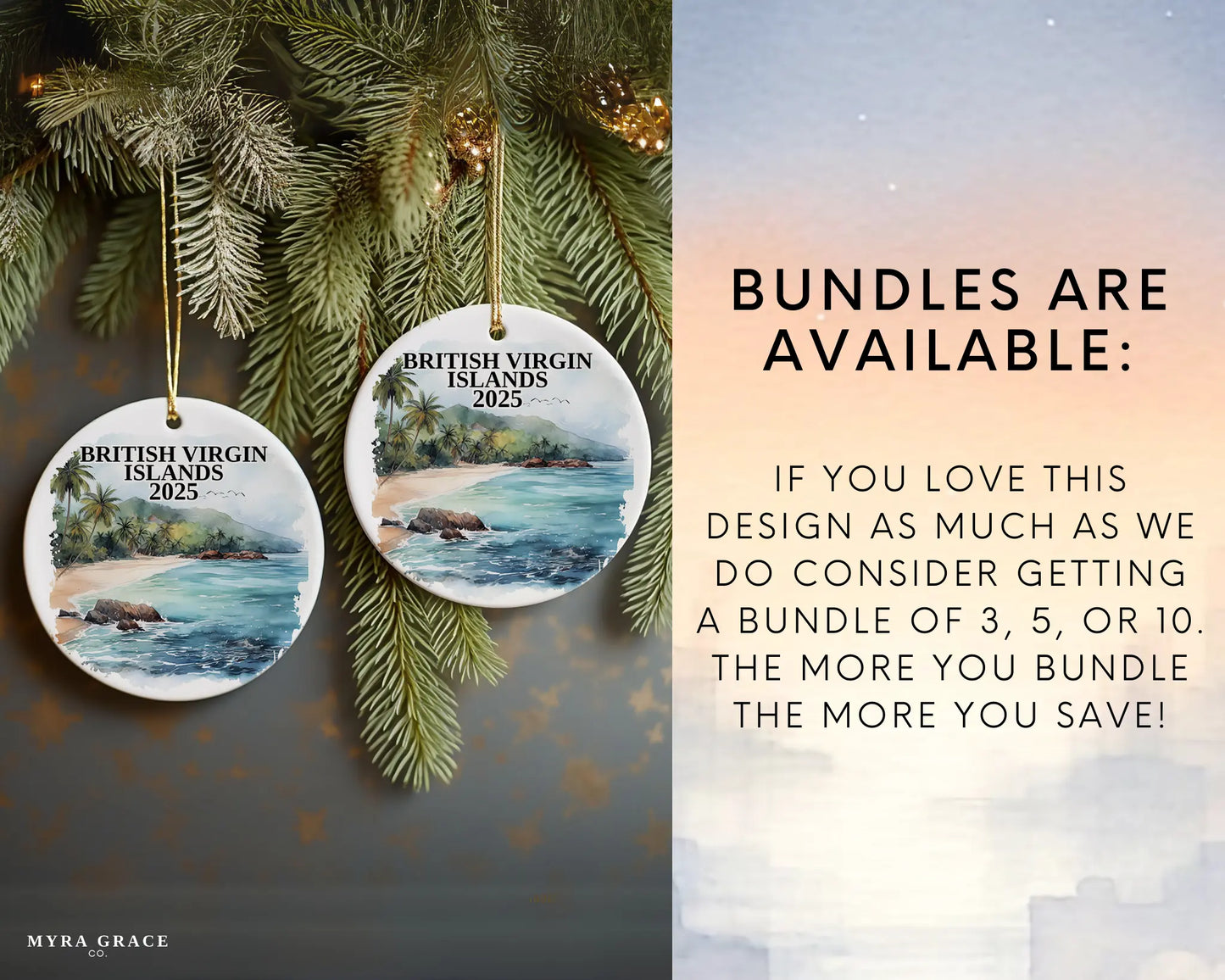 Custom British Virgin Islands ceramic photo ornament with personalized message – handmade Christmas bauble, gift souvenir, or vacation keepsake. Bundles available