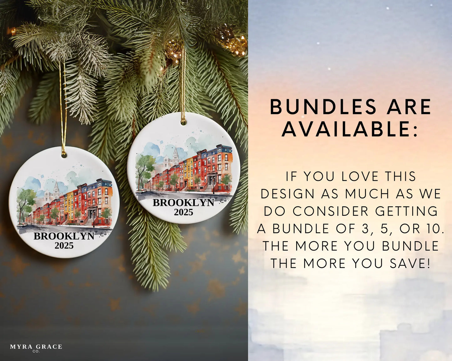 Custom Brooklyn ceramic photo ornament with personalized message – handmade Christmas bauble, gift souvenir, or vacation keepsake. Bundles available