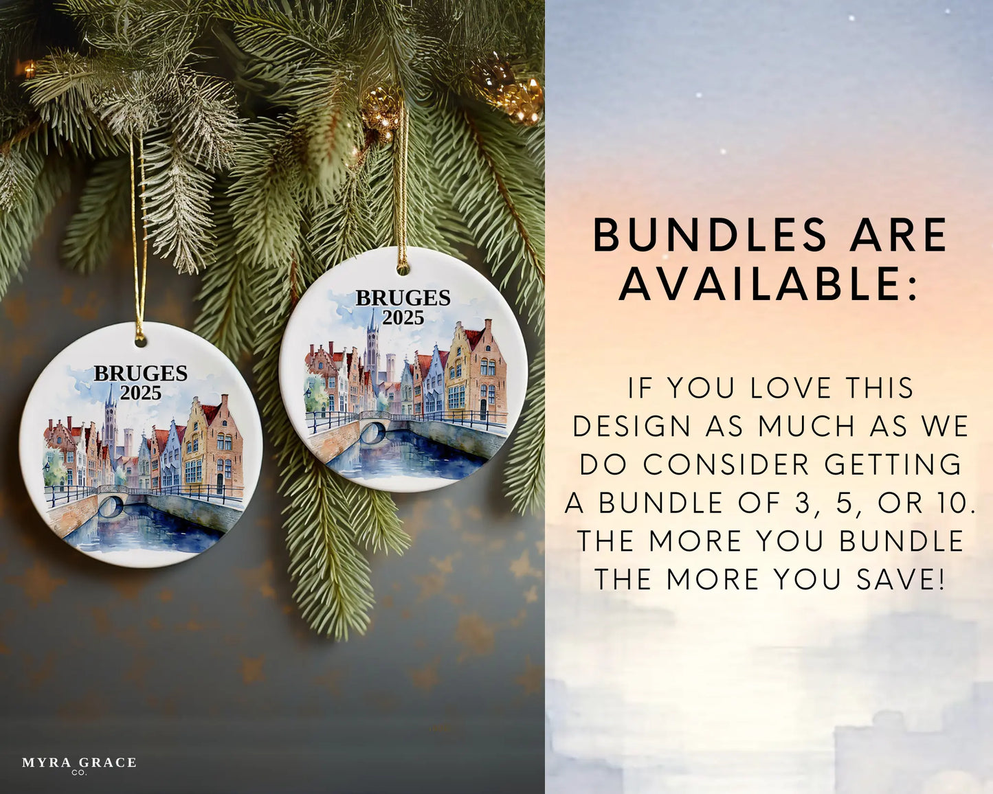 Custom Bruges, Belgium ceramic photo ornament with personalized message – handmade Christmas bauble, gift souvenir, or vacation keepsake. Bundles available