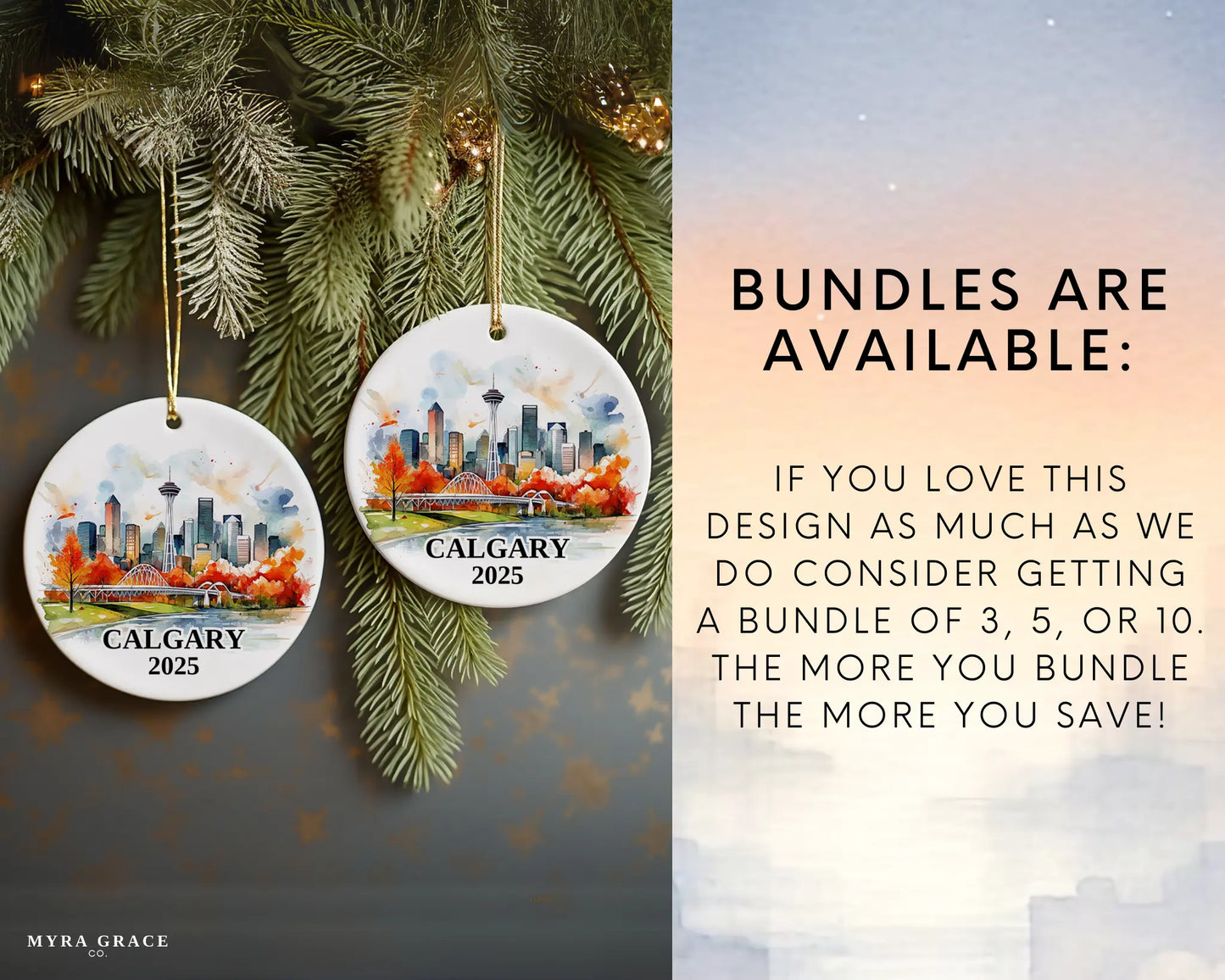 Custom Calgary, Alberta ceramic photo ornament with personalized message – handmade Christmas bauble, gift souvenir, or vacation keepsake. bundles are available
