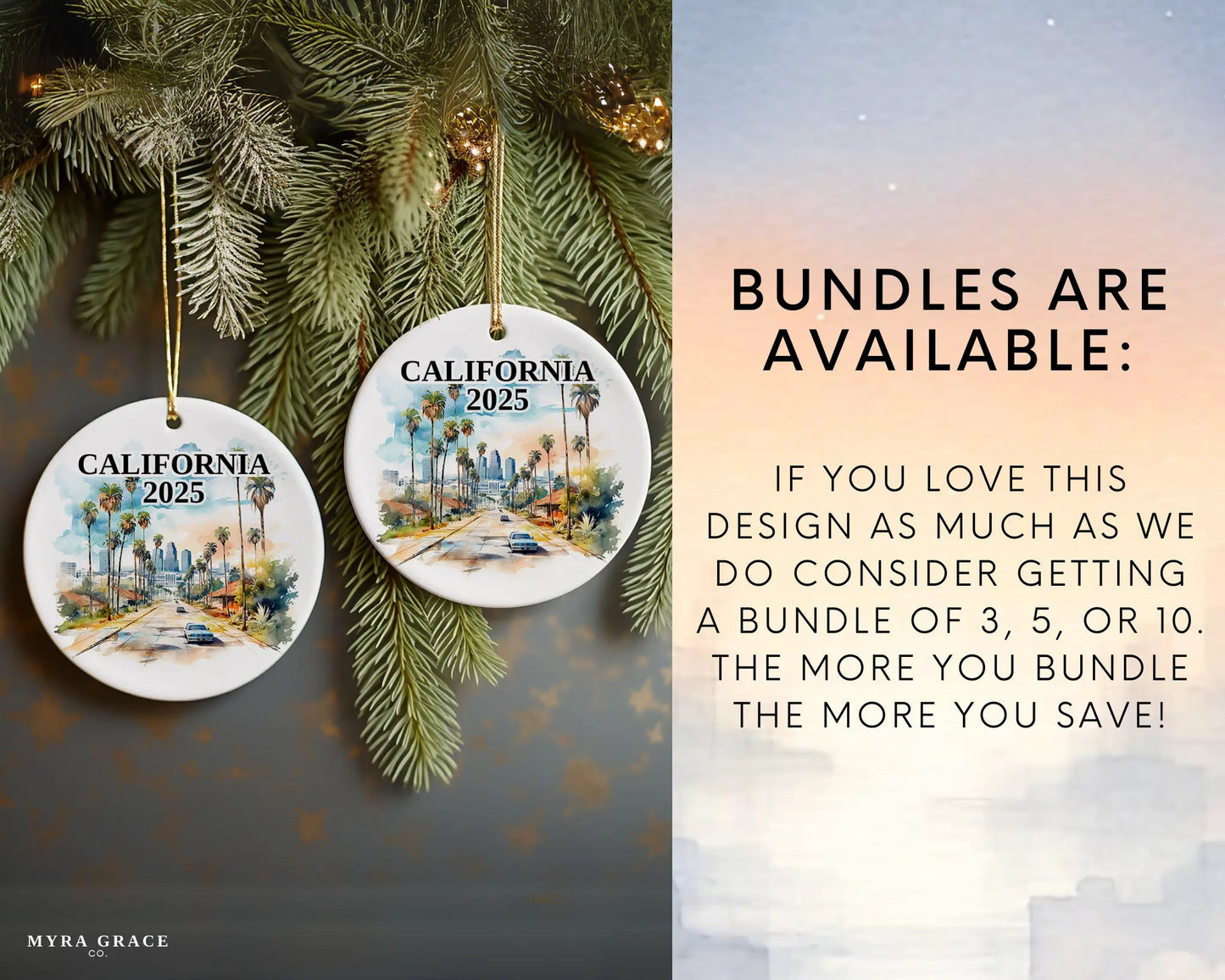 Custom California ceramic photo ornament with personalized message – handmade Christmas bauble, gift souvenir, or vacation keepsake. bundles are available