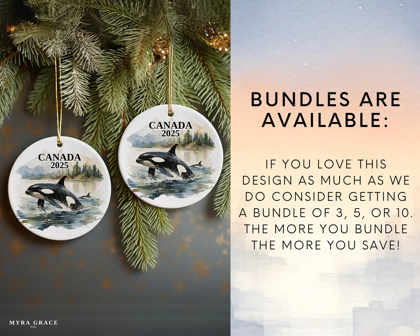 Custom Canada ceramic photo ornament with personalized message – handmade Christmas bauble, gift souvenir, or vacation keepsake. Bundles are available