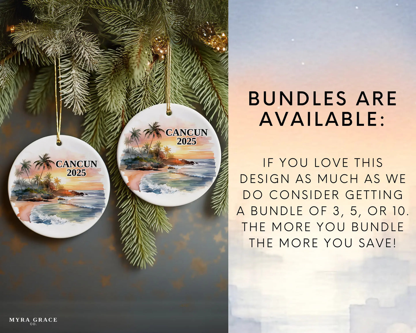 Custom Cancun, Mexico ceramic photo ornament with personalized message – handmade Christmas bauble, gift souvenir, or vacation keepsake. Bundles are available