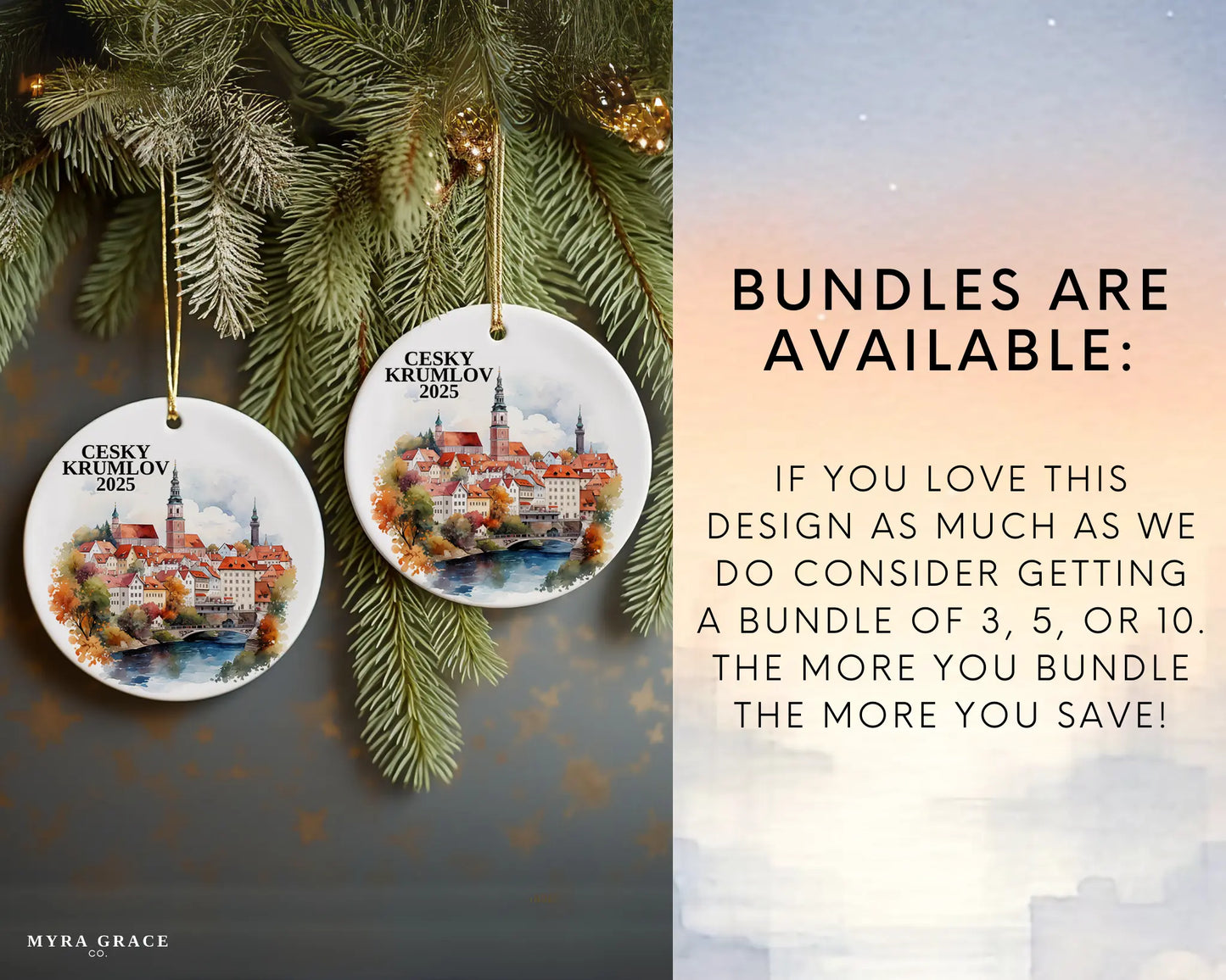 Custom Cesky Krumlov Czech Republic ceramic photo ornament with personalized message – handmade Christmas bauble, gift souvenir, or vacation keepsake. Bundles are available
