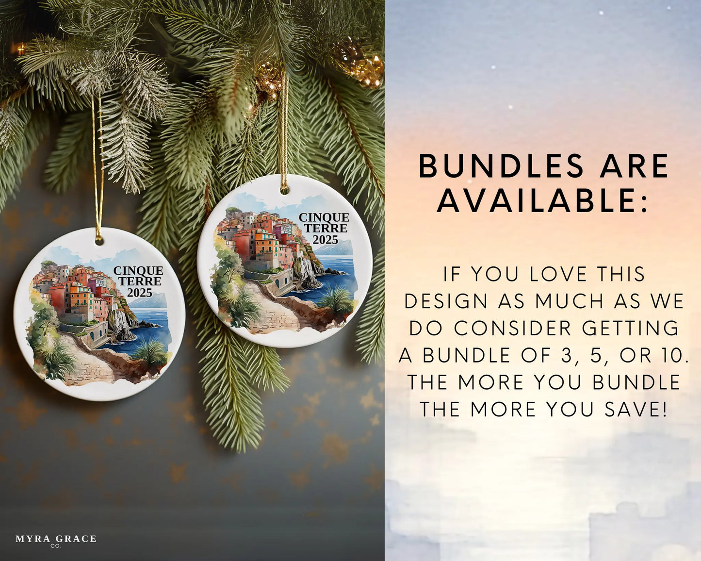Custom Cinque Terre Italy ceramic photo ornament with personalized message – handmade Christmas bauble, gift souvenir, or vacation keepsake. bundles are available