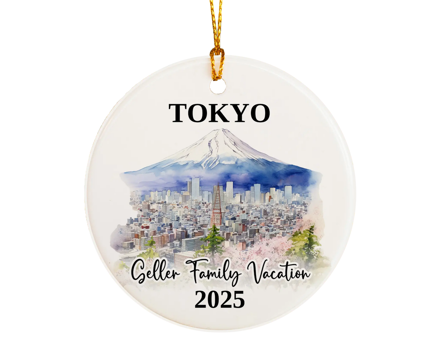 Custom vacation Tokyo Japan ceramic photo ornament with personalized message – handmade Christmas bauble, gift souvenir, or vacation keepsake.
