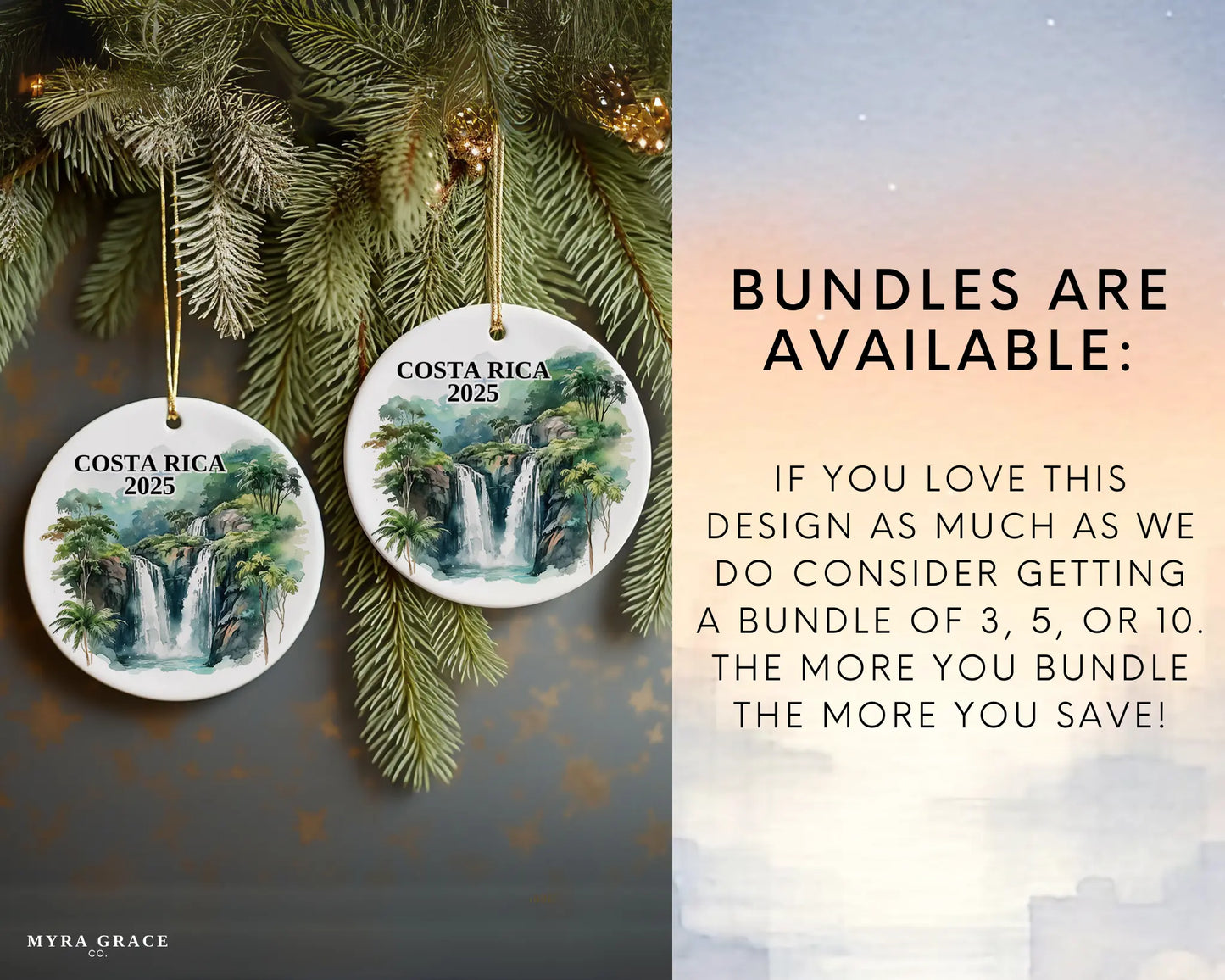 Custom Costa Rica ceramic photo ornament with personalized message – handmade Christmas bauble, gift souvenir, or vacation keepsake. Bundles are available