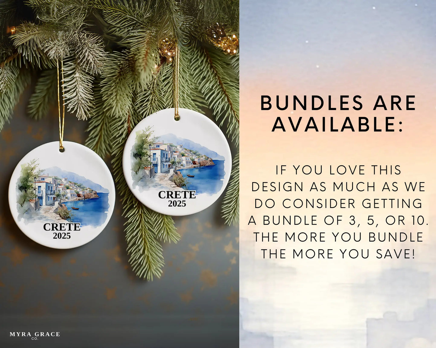 Custom Crete ceramic photo ornament with personalized message – handmade Christmas bauble, gift souvenir, or vacation keepsake. Bundles are available