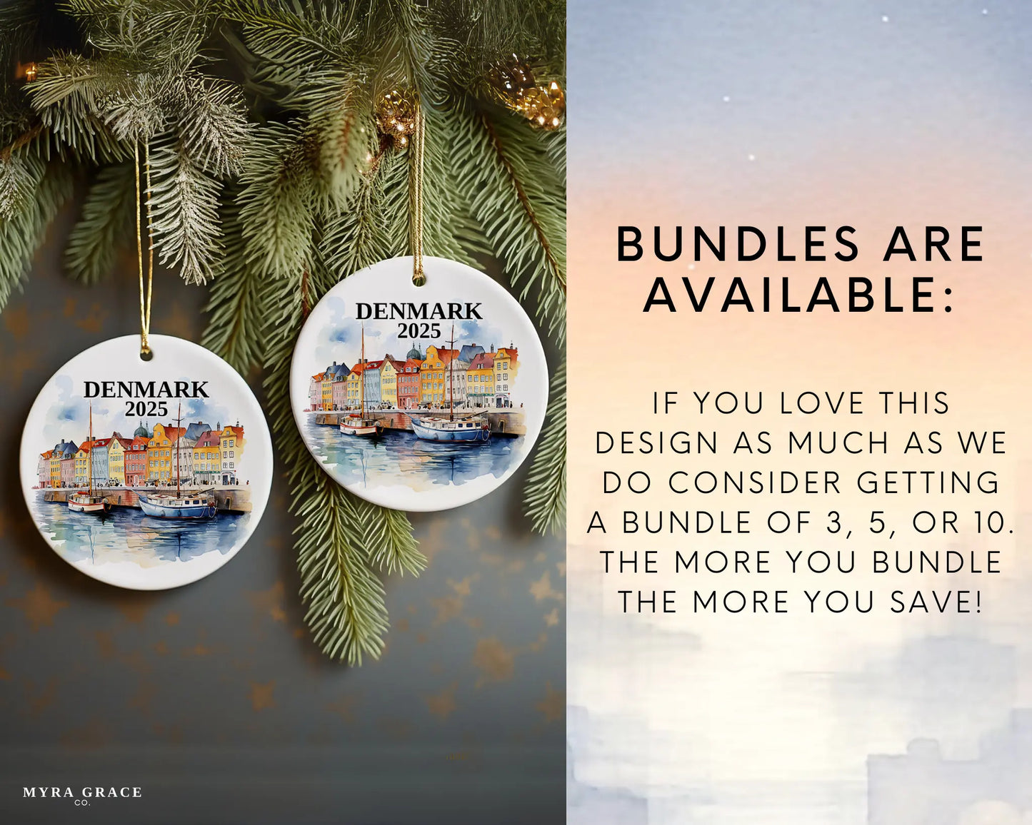 Custom Denmark ceramic photo ornament with personalized message – handmade Christmas bauble, gift souvenir, or vacation keepsake. Bundles available