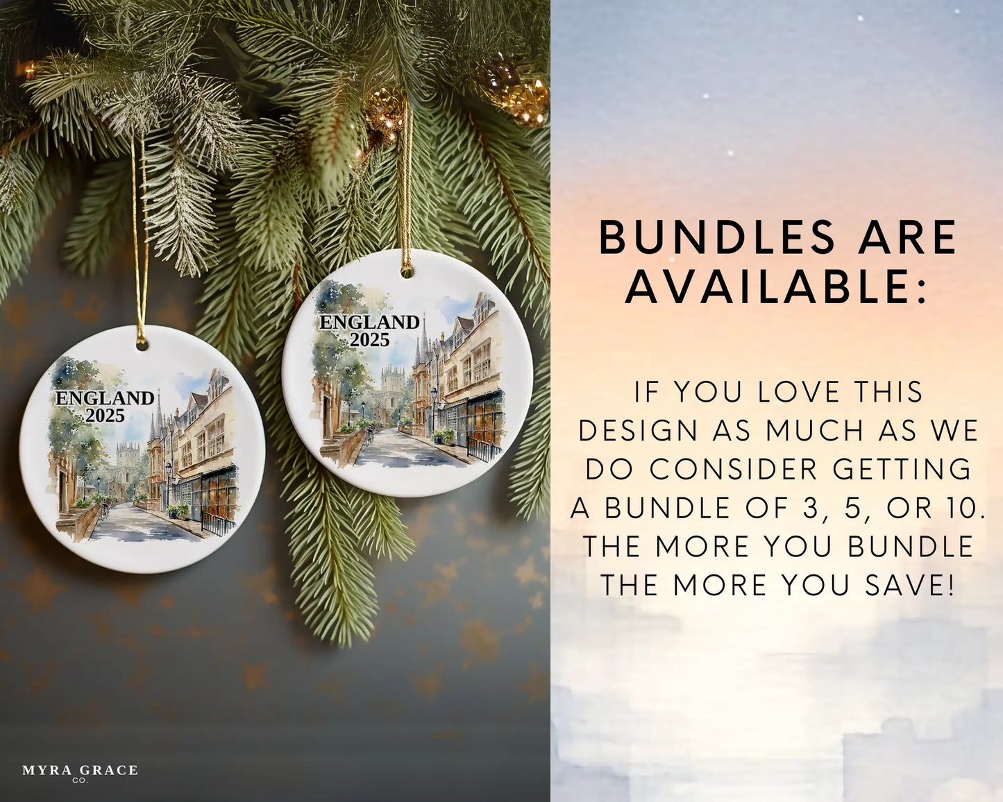 Custom England Oxford ceramic photo ornament with personalized message – handmade Christmas bauble, gift souvenir, or vacation keepsake. Bundles are available