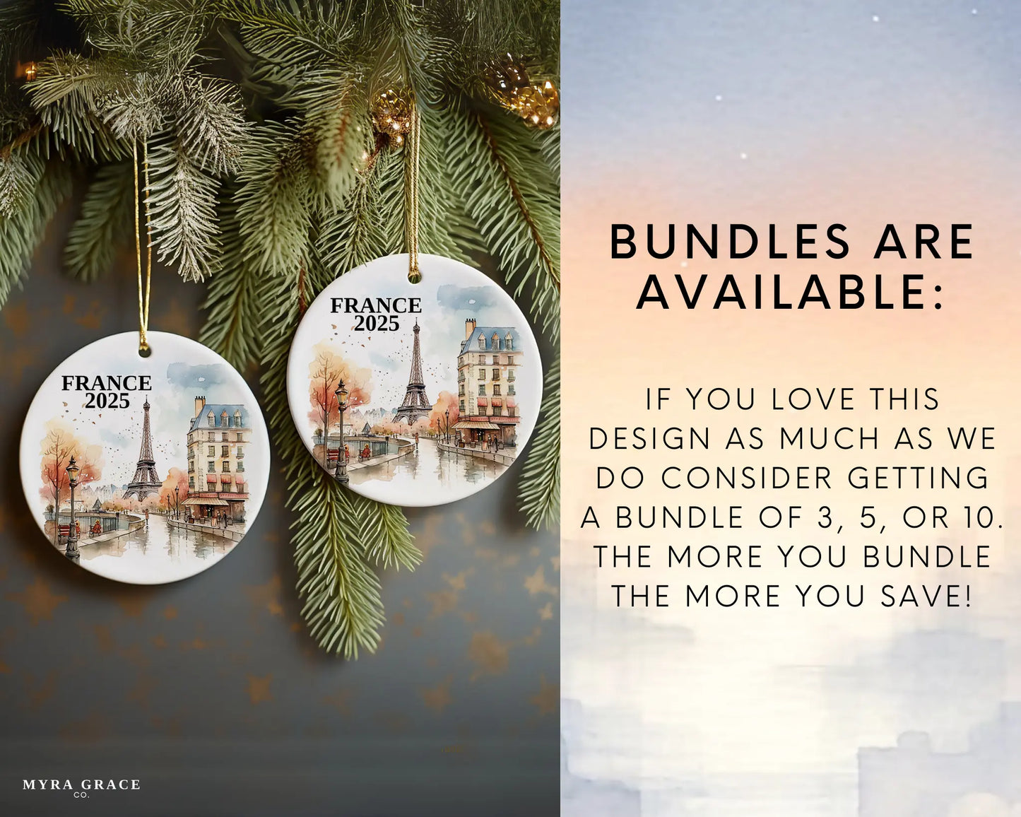 Custom France, Paris in Autumn ceramic photo ornament with personalized message – handmade Christmas bauble, gift souvenir, or vacation keepsake. bundles are available