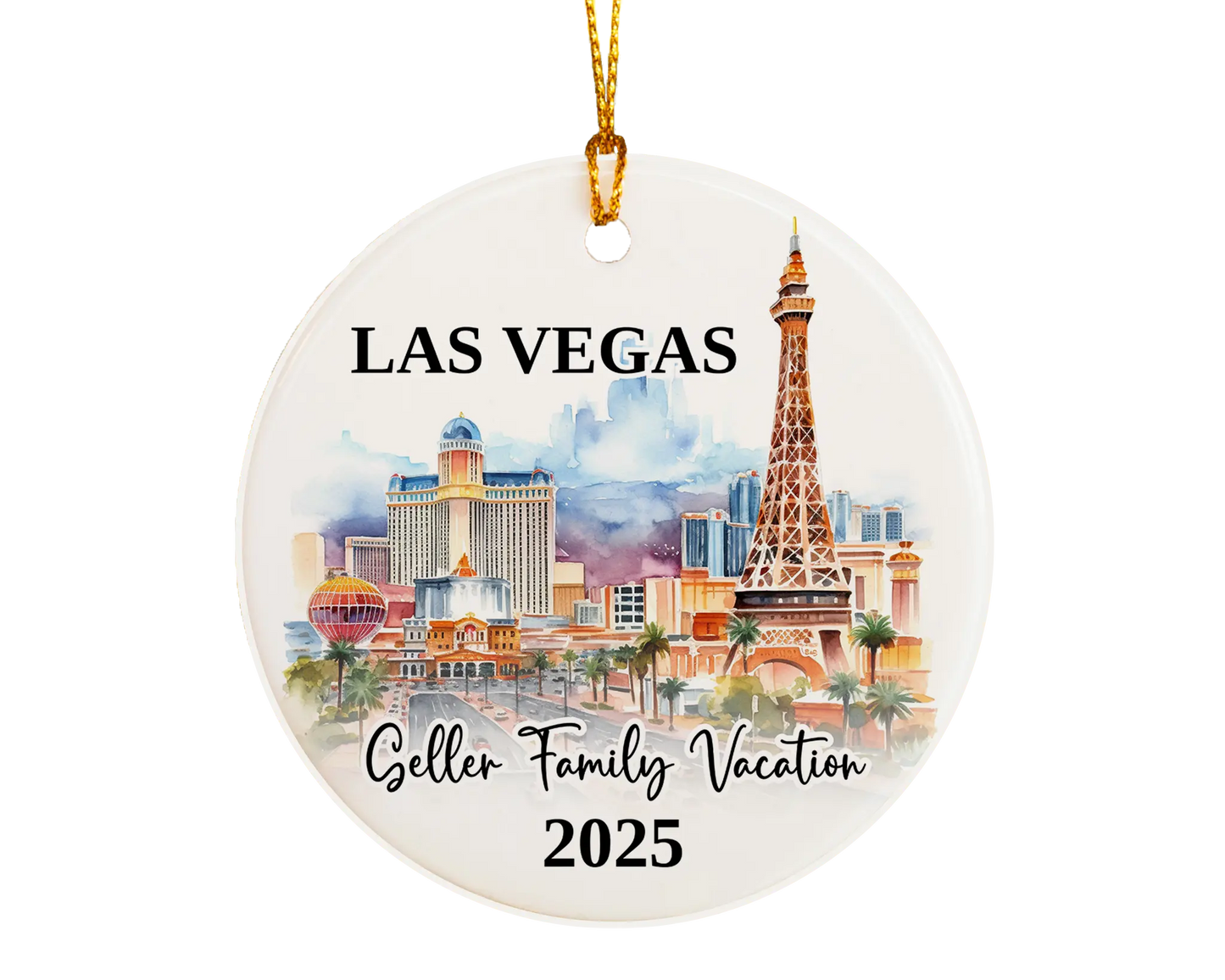 Custom vacation Vegas ceramic photo ornament with personalized message – handmade Christmas bauble, gift souvenir, or vacation keepsake.