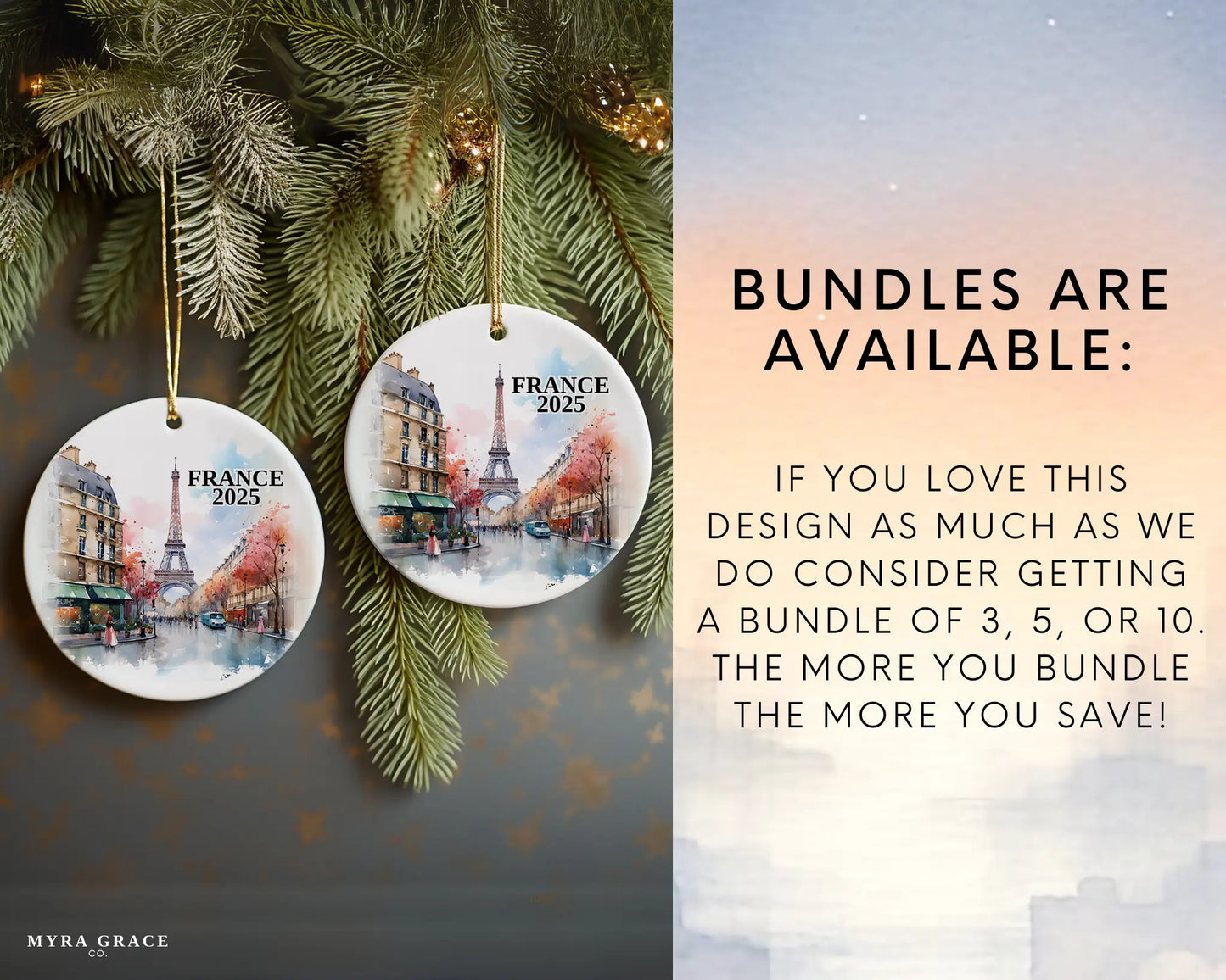 Custom France, Paris in Spring, ceramic photo ornament with personalized message – handmade Christmas bauble, gift souvenir, or vacation keepsake. bundles are available