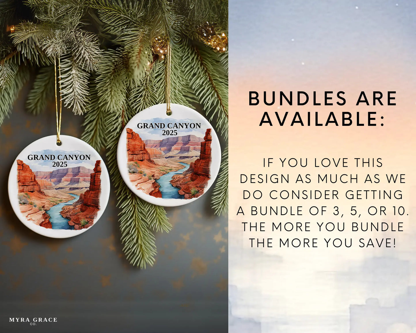 Custom Grand Canyon ceramic photo ornament with personalized message – handmade Christmas bauble, gift souvenir, or vacation keepsake. bundles are available