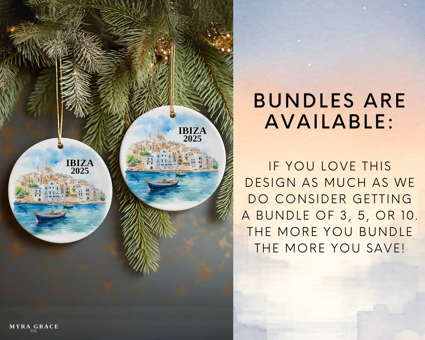 Custom Ibiza Spain ceramic photo ornament with personalized message – handmade Christmas bauble, gift souvenir, or vacation keepsake. bundles are available