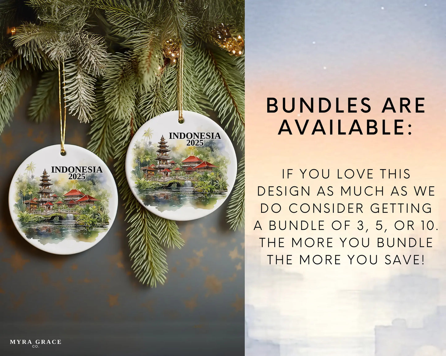 Custom Indonesia ceramic photo ornament with personalized message – handmade Christmas bauble, gift souvenir, or vacation keepsake. bundles are available
