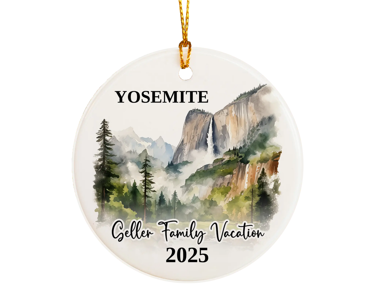 Custom vacation Yosemite ceramic photo ornament with personalized message – handmade Christmas bauble, gift souvenir, or vacation keepsake.